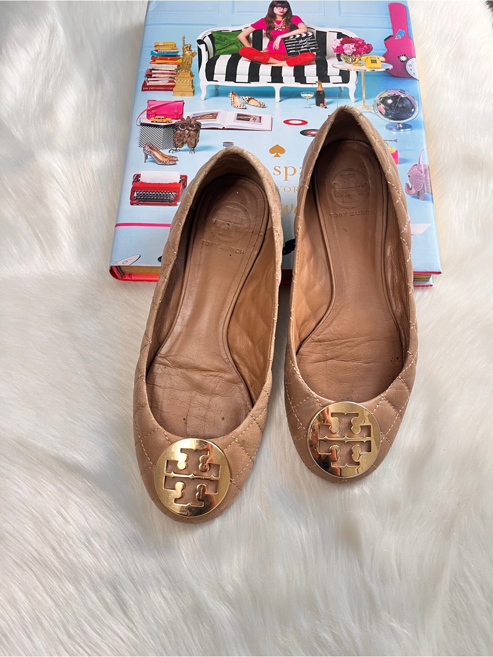 Tory Burch Quilted Tan Leather Ballet Flats with Gold Logo